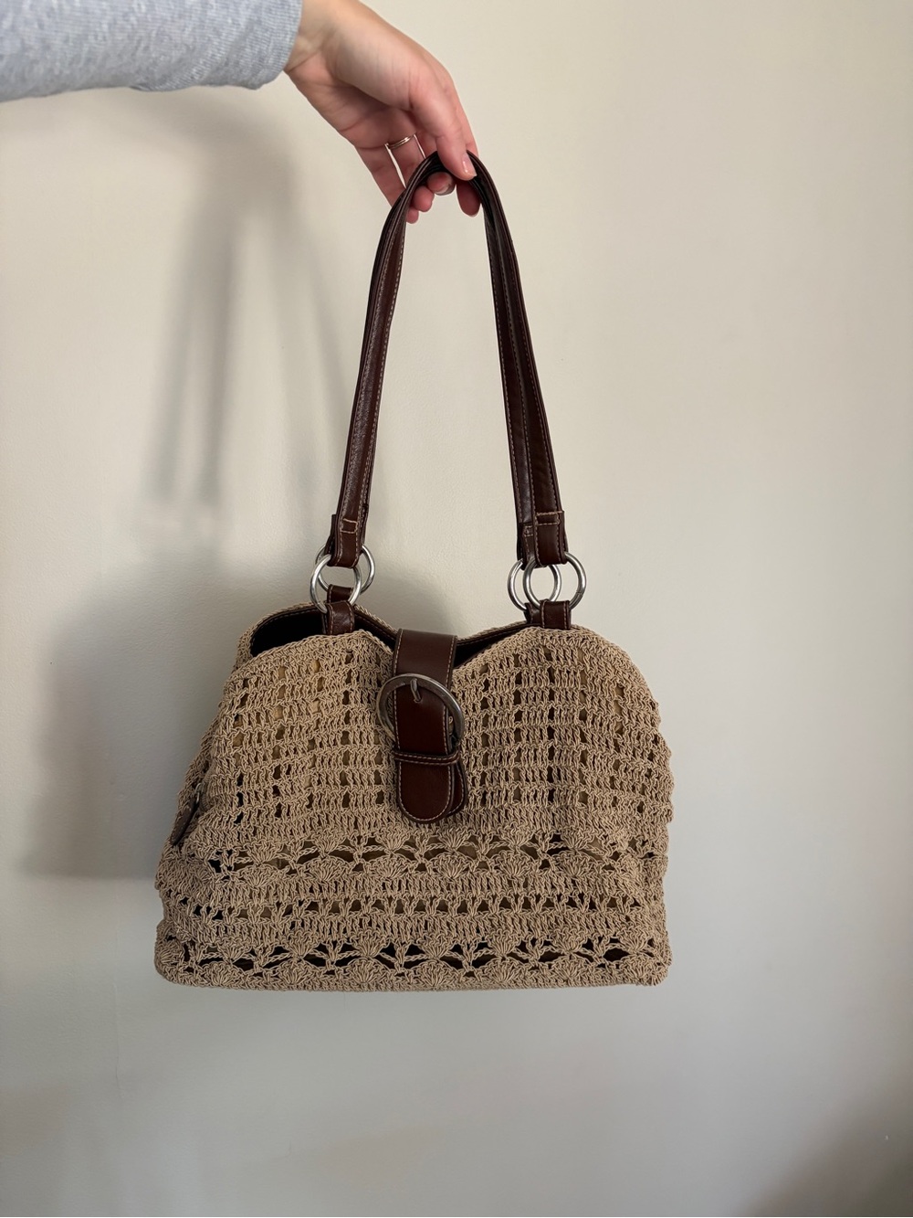 Y2K Boho Beige Crochet Shoulder Bag Tote Brown Buckle Faux Leather Handles